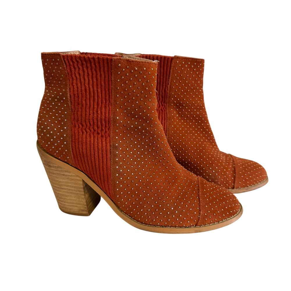 Anthropologie Suede Ankle Booties 6.5 Rust Studded Stacked Heel Boho Festival
